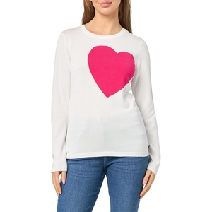 Nautica Women’s Soft Heart Long Sleeve Crewneck Sweater(Ivory/Aster Pink)