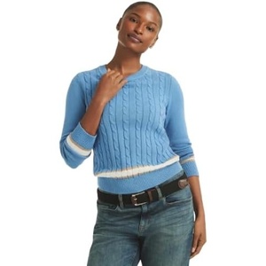 Nautica Women’s Solid Cable Long Sleeve Tipped Sweater(Blue Haze Multi)