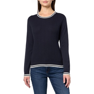 Nautica Women’s Solid Cable Long Sleeve Tipped Sweater(Night Sky/Ivory)