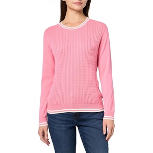Nautica Women’s Solid Cable Long Sleeve Tipped Sweater(Peony/Ivory)