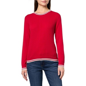 Nautica Women’s Solid Cable Long Sleeve Tipped Sweater(Scarlet/Ivory)