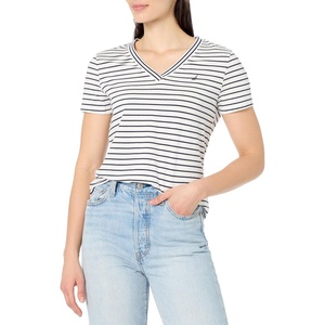 Nautica Womens Stripe V-Neck Short Sleeve T-Shirt(Bright White/Night Sky)