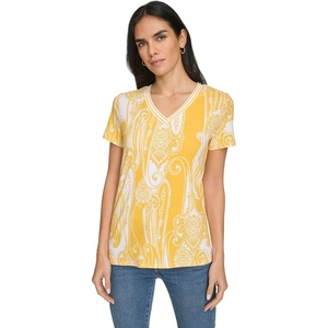 Nautica Womens Stripe V-Neck Short Sleeve T-Shirt(Goldenrod/White)