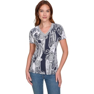 Nautica Womens Stripe V-Neck Short Sleeve T-Shirt(Night Sky/Bright White)