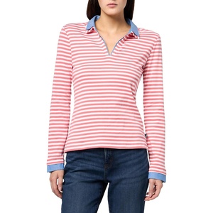 Nautica Women’s Striped Long Sleeve Knit Double Collar Shirt(Coralie/Bright White)