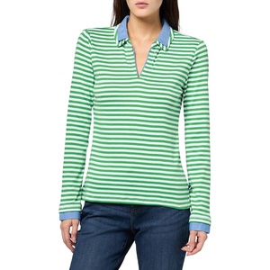 Nautica Women’s Striped Long Sleeve Knit Double Collar Shirt(New Leaf/Bright White)