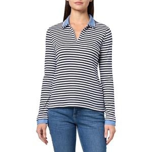 Nautica Women’s Striped Long Sleeve Knit Double Collar Shirt(Night Sky/Bright White)