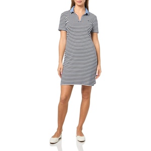 Nautica Women’s Stripped Collard Short Sleeve V-Neck Johnny Collar Polo Knit Dress(Night Sky/Bright White)